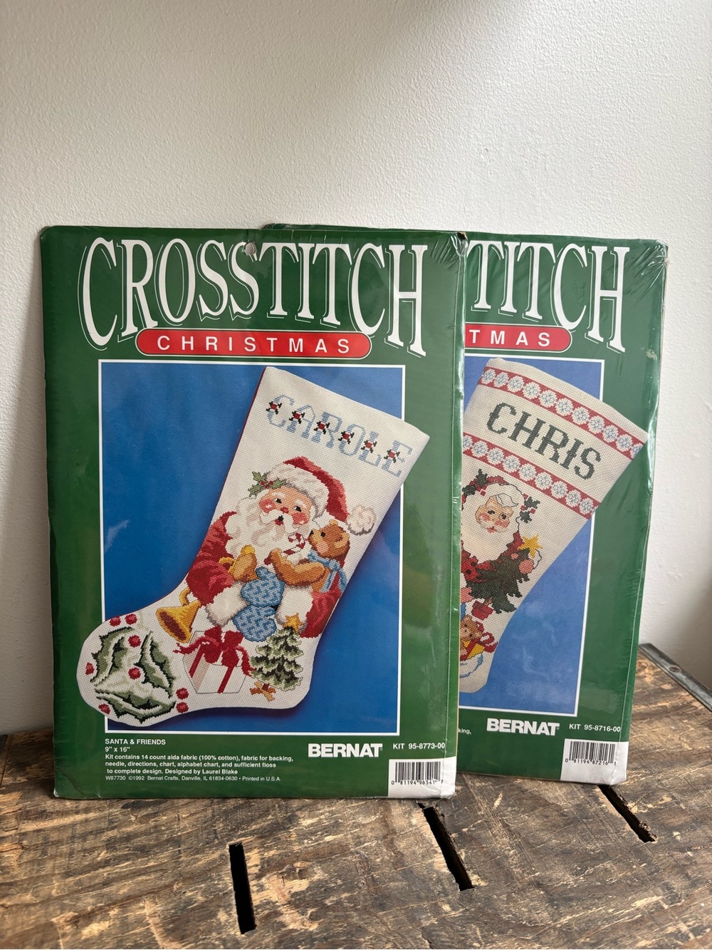 Vintage lot of two counted cross stitch Christmas stockings DIY kit Santa Tree